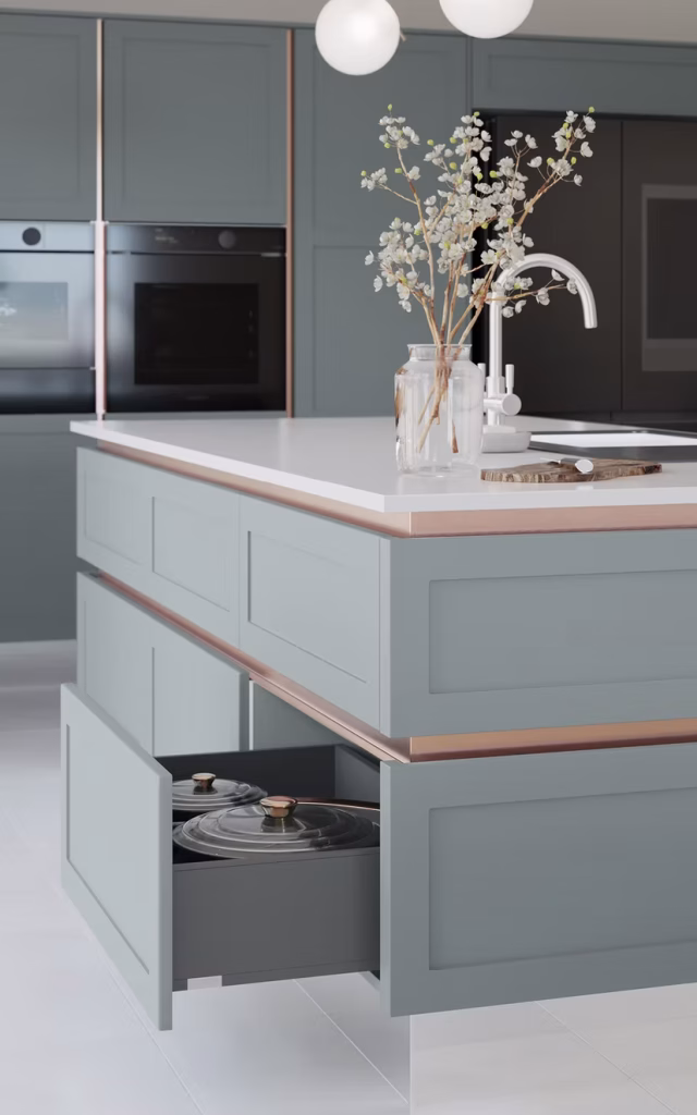 Shenaya HL Sage - Orion Grey Drawers & Brushed Copper Profile